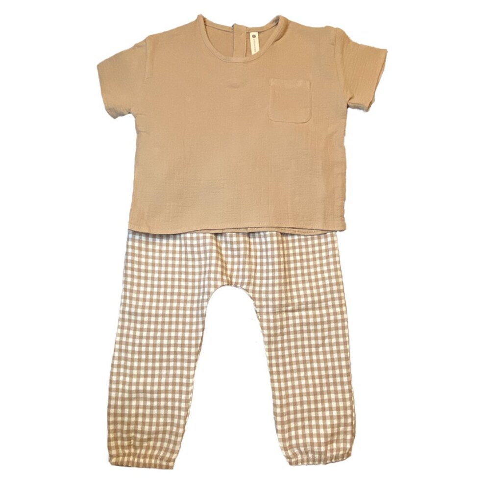 Quincy Mae Organic Cotton Two-Piece Short Sleeve & Pants Set Baby NWT Tan